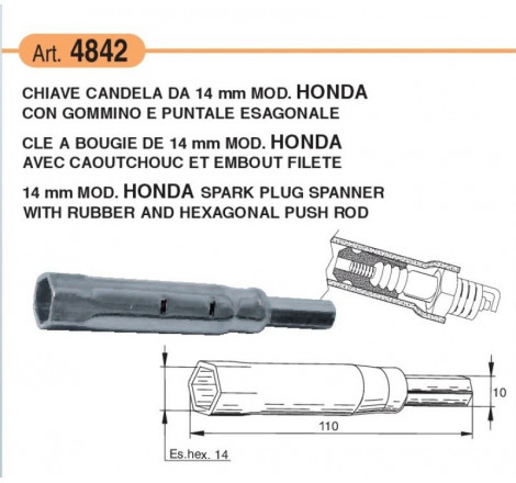 Chiave per candele da 14 mm con gommino e puntale esagonale