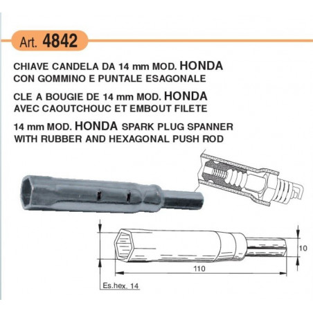 Chiave per candele da 14 mm con gommino e puntale esagonale