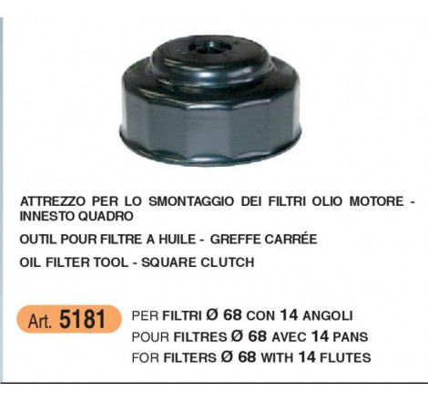 Chiave a innesto quadro per filtro olio motore diam 68 mm e 14 angoli