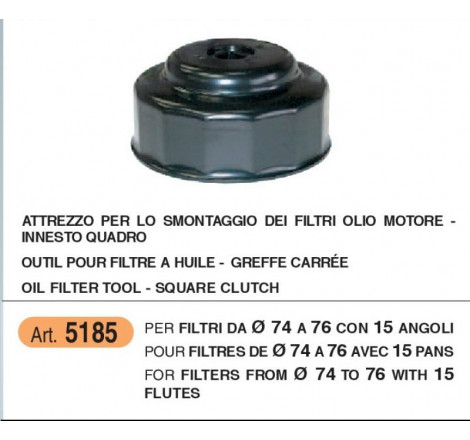 Chiave a innesto quadro per filtro olio motore diam 74-76 mm e 15 angoli