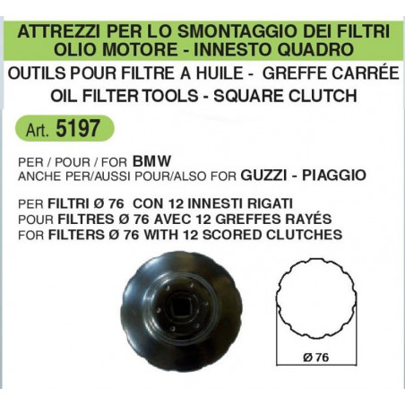 Chiave a innesto rigato per filtro olio motore diam 76 mm e 12 innesti rigati